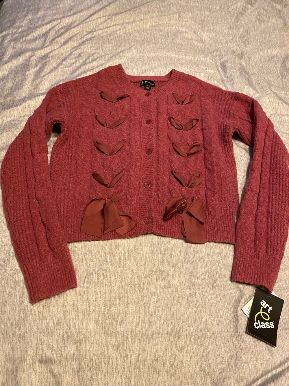 Art Class Girl's Sz L 10-12 Button Front Cardigan Sweater w/ Bow Accent NWT